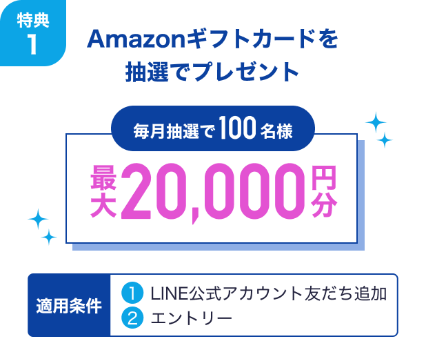 特典1 Amazonギフトカードを抽選でプレゼント 毎月抽選で100名様最大20,000円分 適用条件 ①LINE公式アカウント友だち追加 ②エントリー